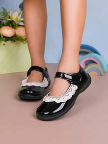 女童新款公主皮鞋，软底防滑幼儿鞋，时尚儿童蕾丝边饰鞋 - 黑色 - 查看 3