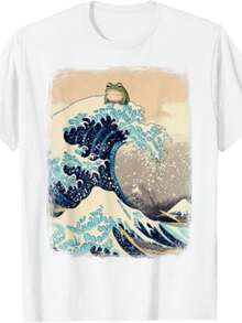 Unisex T-Shirt, Printed Style, Men's And Women's, Big Waves With Frog On Top, Funny Stylish Shirt, 100% Cotton, Promotion, Free Fast Shipping - 白色 - 查看 1