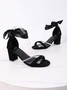 2026 New Black Satin Ribbon Rhinestone Decor Women's Sandals, Rhinestone Decor Chunky Heel Open Toe Party Elegant Shoes, Suitable For Valentine's Day, Banquet, Party - Black - View 2