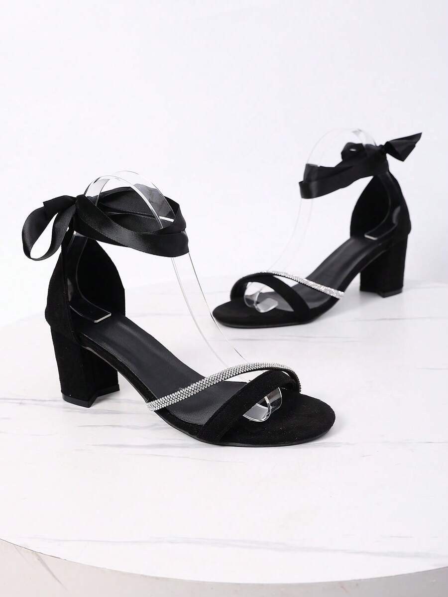 2026 New Black Satin Ribbon Rhinestone Decor Women's Sandals, Rhinestone Decor Chunky Heel Open Toe Party Elegant Shoes, Suitable For Valentine's Day, Banquet, Party