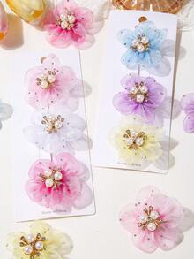 Set de 10 piezas de pasadores de pelo con malla y cristales de colores para niñas, accesorios de pelo con decoración de flores lindas para el flequillo, para uso diario - Multicolor - Ver 2