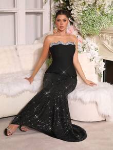 Modphy 性感女士美人鱼长裙套装，时尚珍珠设计，裹身式无袖露背修身不对称吊带上衣 + 高腰亮片美人鱼长裙两件套 - 黑色 - 查看 5