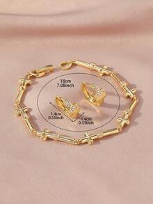 Women's Gold Cross Jewelry Set - Cubic Zirconia Bracelet And Hoop Earrings, Fashionable Faith-Inspired Everyday Accessories - Gold - View 2