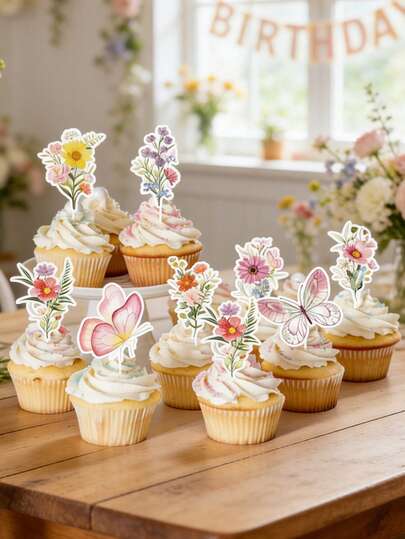 16pcs Vibrant Wildflower And Butterfly Cupcake Toppers - Floral Birthday, Gender Reveal Party Decorations, Cupcake Decorations For Spring Party Cakes,Easter,Wedding Supplies