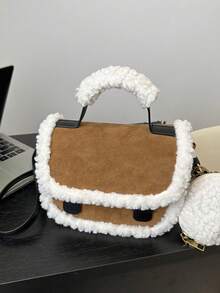 Plush Handbag Shoulder Crossbody Satchel Bag - Brown - View 1
