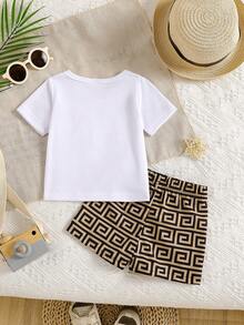 Infant Boys' Fashionable Casual Knit Crew Neck Short Sleeve Geometric Pattern Pocket T-Shirt And Woven Elastic Waist Geometric Pattern Shorts Set, Summer - White - View 2