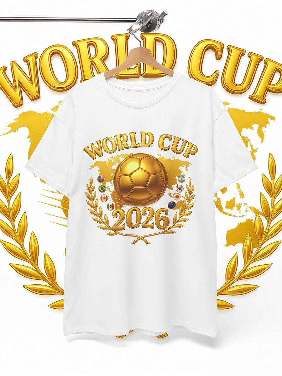 World Cup 2026 Golden Soccer Ball T-Shirt With Laurel Wreath Trophy Design And Global Football Theme Unisex Cotton T-Shi - 白色 - 查看 1