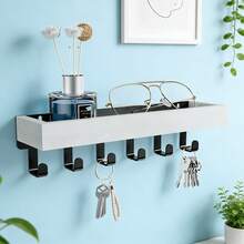 1 pieza Organizador de pared montado en la pared de madera vintage con 6 ganchos, estante de almacenamiento flotante y soporte para llaves/correo. Organizador de entrada de estilo nórdico minimalista con bandeja de madera, multiusos para cocina, dormitorio, baño y pasillo. Decoración del hogar ideal, adecuado como regalo de Navidad, Año Nuevo, cumpleaños, Día de la Madre para amigos y madres. - Multicolor - Ver 4