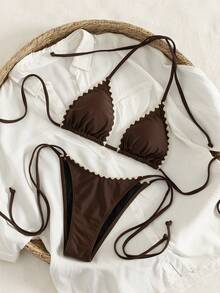 Bộ bikini hai mảnh gợi cảm, tối giản, thanh lịch dành cho nữ, thích hợp đi biển, du lịch, dự tiệc, màu trơn, kiểu buộc dây cổ, bộ đồ bơi 2 mảnh quyến rũ, mẫu mới Xuân/Hè. - màu nâu - Xem 4