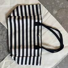 Fashionable Black And White Striped Canvas Handbag With Shoulder Strap - Large Capacity, Portable Commuter Handbag, Suitable For Women's Daily Use, Daily Handbag | Minimalist Design | Canvas Structure - Multicolor - View 4