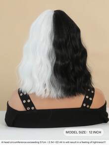 PIAOYUN 万圣节角色扮演假发，合成纤维假发，黑色带白色自然波波头波浪假发，带刘海，恶魔假发，女士适用 - 黑與白 - 查看 3