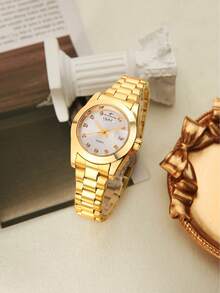 RICECGO 1pc Women's Luxury Gold-Tone Stainless Steel Quartz Watch, Fashionable Minimalist Elegant Design, Business Lady Wristwatch, Suitable For Daily Wear, Birthday, Mother's Day, Valentine's Day Gift