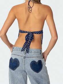 Top de Mujer con Cuello Halter, Estampado de Lunares, Sin Mangas Espalda Descubierta, Blusa Ajustada Escote en V de Verano - Azul Cadete - Ver 3
