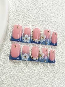 10片极简花卉图案美甲贴纸，手工美甲套装，香槟钻石美甲装饰，蓝色凝胶美甲，三种尺寸可选：杏仁形、鸭嘴形、棺材形，包含工具包，适合女性和女孩，适合派对、活动、日常佩戴，手工按压式美甲贴片 - 彩色 - 查看 11