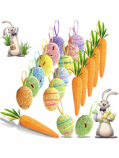 18pcs Easter Eggs & Carrot Hanging Ornaments, Colorful Foam Easter Eggs Hanging Decorations, Glitter Foam Artificial Carrots, Easter Tree Decorations, DIY Crafts For Home Party, Easter Decoration Set, Glitter Foam Easter Eggs & Carrots Hanging Ornaments, Freestanding Rabbit Theme Hanging Decor, Suitable For DIY, Home And Outdoor Holiday Party, Easter Home Wedding Party DIY Farmhouse Decor, Carrot Hanging Ornaments