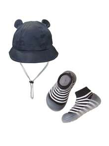 2Pcs Baby Bucket Hat & Silicone Anti-Slip Socks Set - 6-36M Unisex Cute Ears Drawstring Windproof Sun Protection Black Pink - Multicolor - View 14