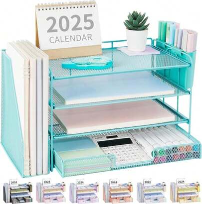 OPNICE Desk Organizer, 4-Tier Desktop File Organizer With Drawer And 2 Pen Holders, Office Desk Accessories, File Sorters, Workspace Organizers For Office Supplies(Gold)