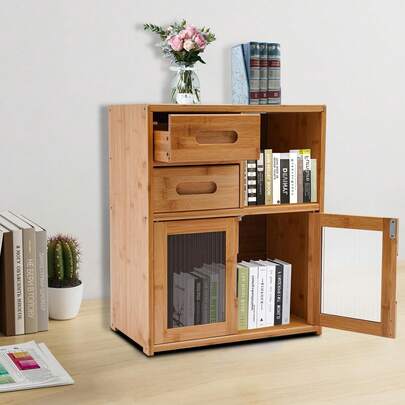 ZHFEISY Gabinete de almacenamiento de encimera de bambú con puertas y cajones, aparador de despensa de cocina independiente, armario de utilidad de pie, organizador de gabinete de encimera para cocina, sala de estar y comedor