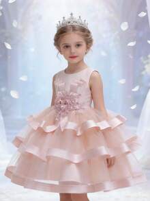 Girls' Floral Pink Layered Cake Tulle Princess Dress, Flower Girl Wedding Party Birthday Pageant Gown (Please Refer To The Size Chart In The Details To Select The Appropriate Size) - Pink - View 3