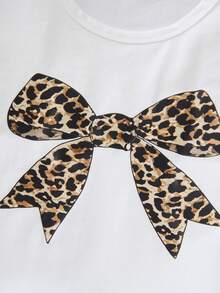 Set de 2 piezas de blusa con corbata de moño con estampado de leopardo y pantalones anchos casuales para niñas preadolescentes, primavera/verano - Blanco - Ver 3