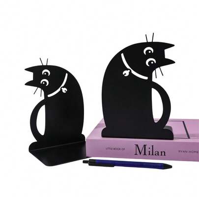 2 piezas Soporte de libro con forma de gato, adecuado para estanterías, soporte de libro de gato moderno y resistente, soporte de libro de metal antideslizante adecuado para hogares y oficinas, soporte de libro negro.