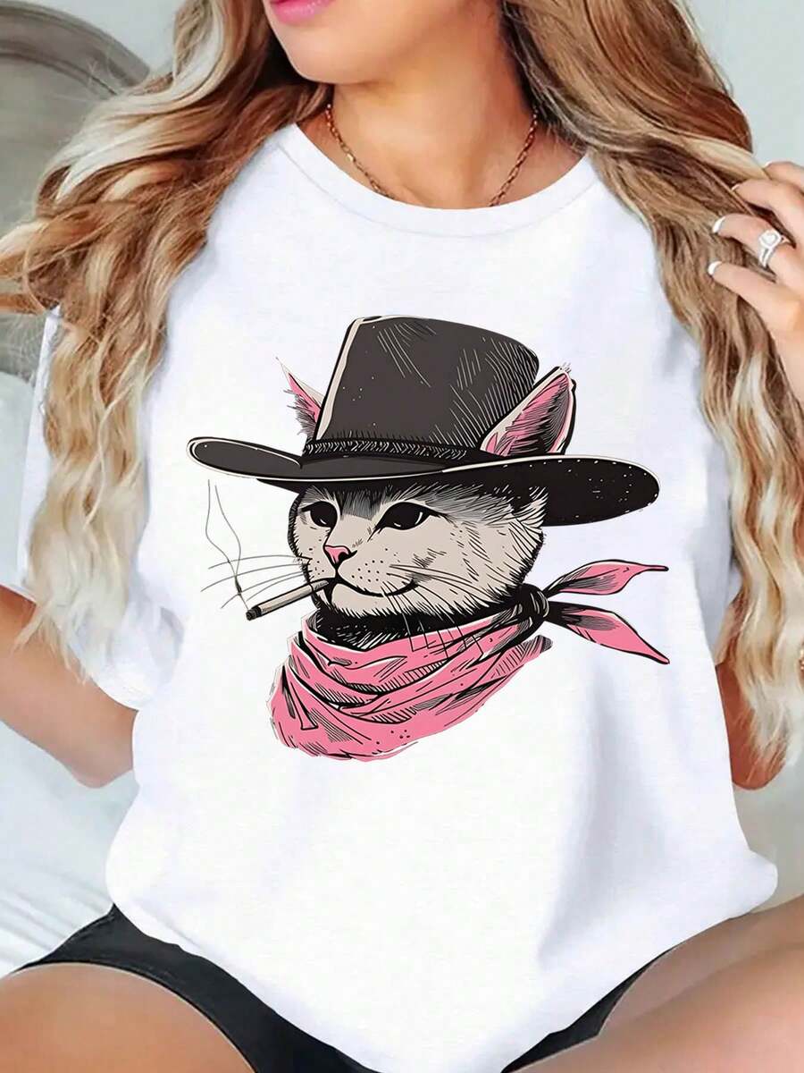 Cowboy Cat With Hat And Bandana Graphic T Shirt For Women Casual Summer Top Fashion Animal Print Tee Shirt,220g - White - View 1