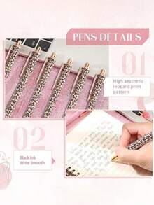 6支装可爱豹纹圆珠笔套装，按动式设计，优雅女士圆珠笔，简约印花圆珠笔，适合日记和送礼，精美笔礼品，办公和学习日记笔，婚礼、情人节、感恩节、毕业礼物