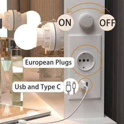 Schminktisch mit Spiegel, Schminkhocker, Schminktisch-Set med 6 Glühbirnen, vit