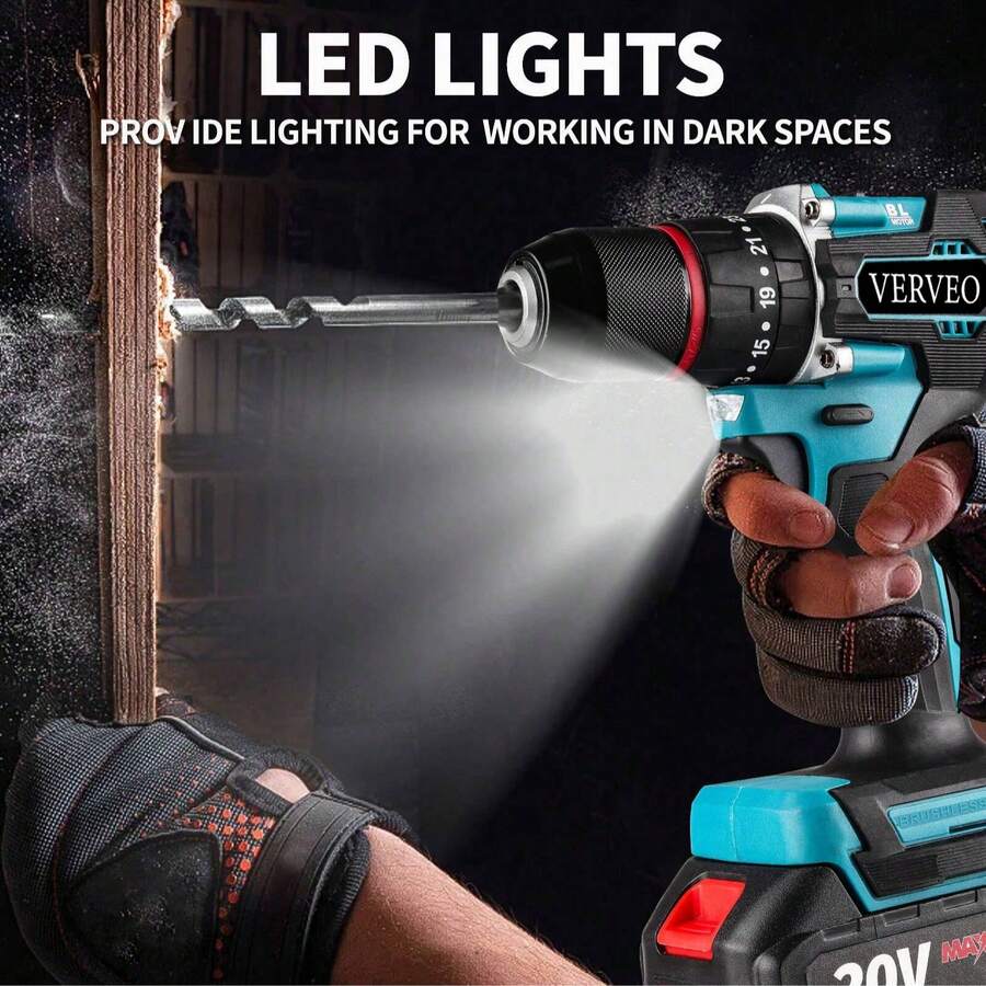 VERVEO 電動工具 20V 衝擊鑽，具衝擊功能、2段調速、高扭力、Type-C 介面，適用於鑽孔、鎖螺絲、庭院維護工作、DIY 等