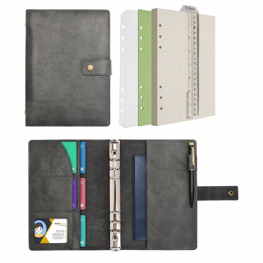 Wonderpool Cuaderno de Piel Recargable Diario Espiral Carpeta - Papel Punteado A5 y Bolsillos Interiores para Viaje, Trabajo y Organizador Personal (Gris, A5) - gris - Ver 1