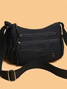 1pc Men's Nylon Square Crossbody Bag, With Adjustable Shoulder Strap, Scratch-Resistant And Durable, Can Hold Passport, Cash, ID, Credit Cards, Lightweight And Portable, Suitable For Commuting/Casual Outings, Solid Color Chain Decor - Black - View 1