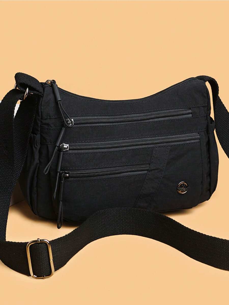 1pc Men's Nylon Square Crossbody Bag, With Adjustable Shoulder Strap, Scratch-Resistant And Durable, Can Hold Passport, Cash, ID, Credit Cards, Lightweight And Portable, Suitable For Commuting/Casual Outings, Solid Color Chain Decor - Black - View 1