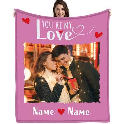 1 pieza Manta de franela personalizada y personalizada para el Día de San Valentín, con tu nombre y foto personalizados, manta suave y cálida para momentos memorables y románticos del Día de San Valentín, regalo para parejas, enamorados, amantes, amigos, para usar en la siesta, decoración del sofá, camping, viaje