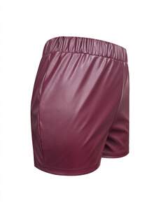LovelyWholesale 女士时尚休闲百搭Y2K风格弹力腰PU皮紧身短裤，酒红色，适合夏季、派对、夜店穿着 - 酒紅色 - 查看 6
