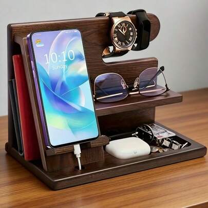 CASEGRACE 1pc Rustic Wooden Desktop Organizer With Phone Holder, Watch & Glasses Stand - Easy Assembly, Multifunctional Storage Rack For Home Office Accessories, Modern Farmhouse Style Workspace Organizer, Natural Wood Grain Finish, Office Desk Accessory