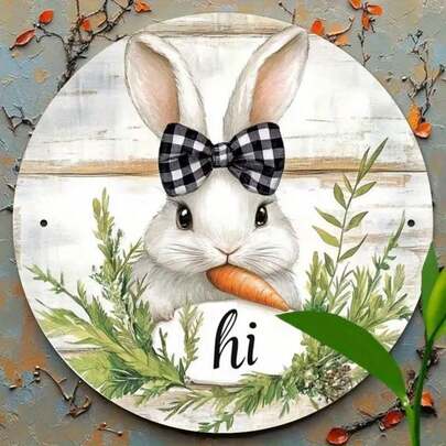 1pc 2D Metal Round Easter Bunny Sign, 7.87x7.87 Inches - Vintage Style Wall Decor With Plaid Bow And Carrot Design, Easy To Hang, Durable Iron Material, Suitable For Indoor/Outdoor Use - Great For Home, Garden, Kitchen, Bar, Cafe, Garage, Outdoor Sign | Retro Metal Sign | Iron Wall Plaque, 2D, Perfect For Room Decor, Random Hole Position