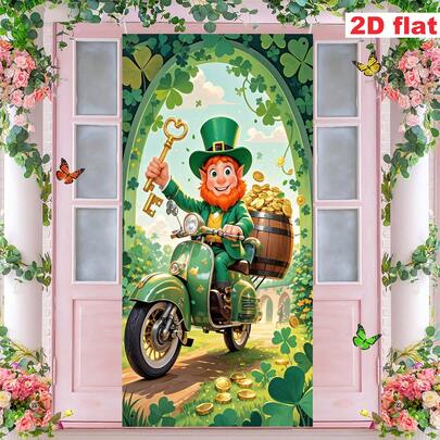 1pc St. Patrick's Day Themed Decorative Door Banner, Polyester Material, Featuring Gnomes, Four-Leaf Clovers And Coins, Suitable For Indoor/Outdoor Use, Photography Background Decoration, Holiday Party Decoration, Party Decoration, Yard Decoration