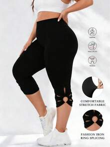Plus Size Women's Solid Color Side Round Patchwork Tight Yoga Sports Capri Pants, Summer - Black - View 2