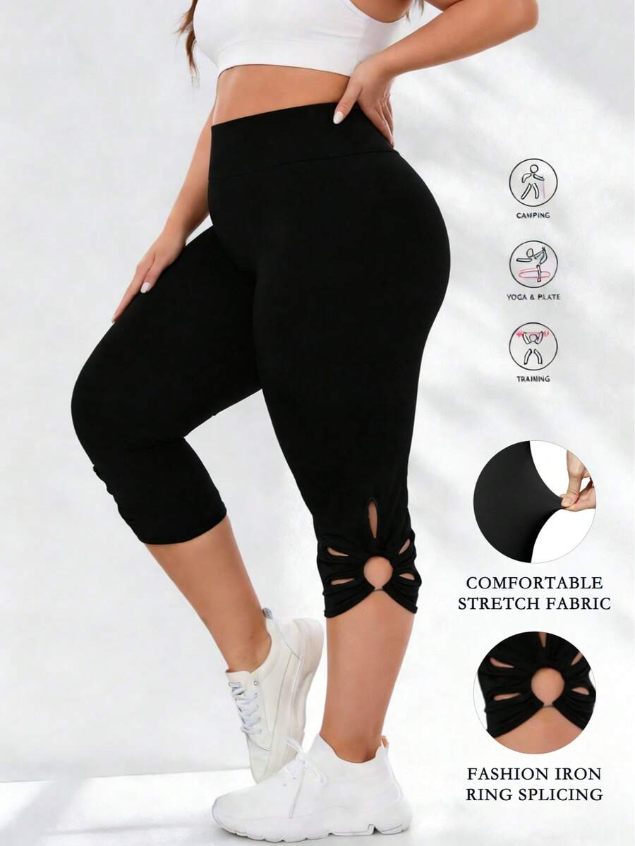 Plus Size Women's Solid Color Side Round Patchwork Tight Yoga Sports Capri Pants, Summer