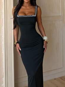 WOWDARK 夏季连衣裙 黑色 时尚珍珠方领粗肩带休闲优雅女装，适合狂欢节、约会、聚会、派对、旅行、度假、海滩等场合 - 黑色 - 查看 4