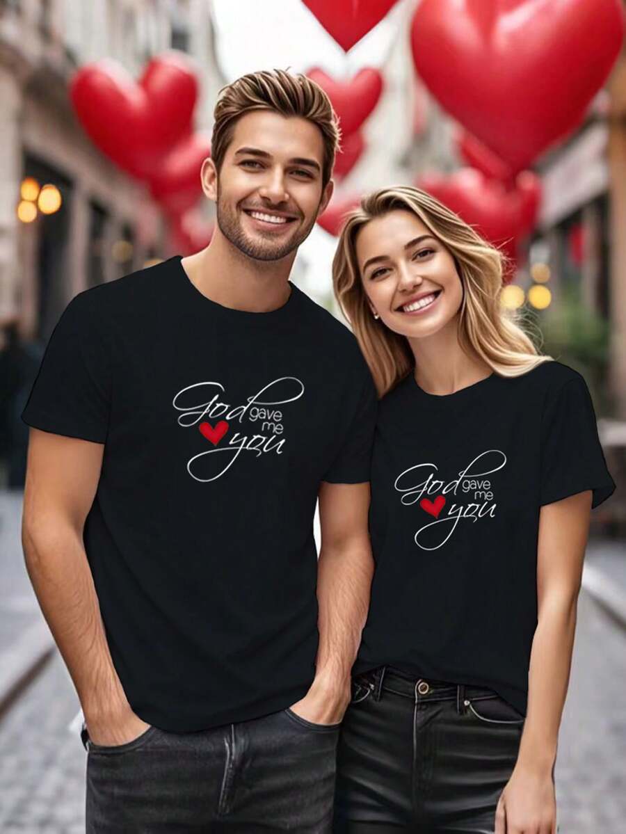 1pcs con camisetas para parejas impresas en love, 100% algodón para parejas, cómodo y transpirable, camisetas de manga corta, regalos de vacaciones, todas las estaciones, blusa de camisa - negro - Ver 1