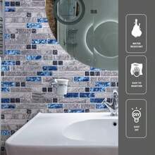 Azulejo Decorativo de Piedra Mineral y Cristal, Color Azul/Gris, 30x30 cm, para Salpicadero de Cocina, Baño o Ducha, Paquete de 5 Unidades con Malla Trasera - a23631+5 hojas - Ver 5