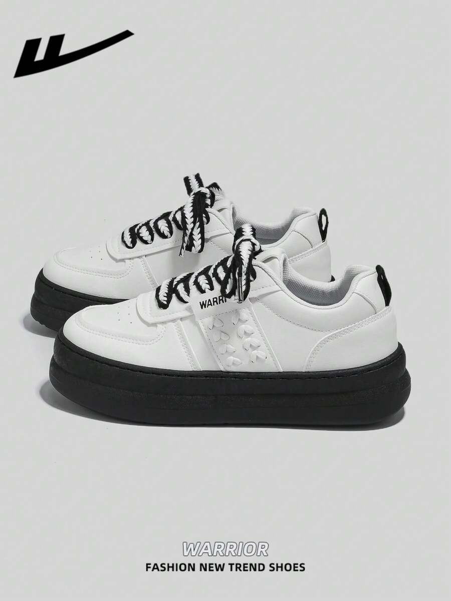 1双 WARRIOR 女士厚底系带软底休闲鞋，低帮户外平底鞋，圆头低跟优雅软底徒步鞋，适合学生、毕业照穿着，平底皮质休闲运动鞋 - 米白/黑 - 查看 1