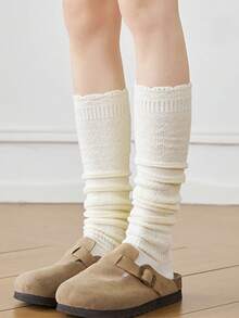 1双女士纯色复古花卉图案过膝长袜，加厚保暖腿套，秋冬款 - 彩色 - 查看 11