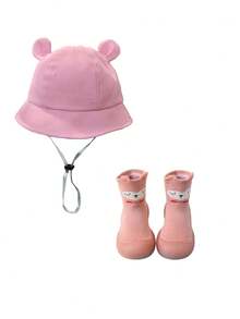 2Pcs Baby Bucket Hat & Silicone Anti-Slip Socks Set - 6-36M Unisex Cute Ears Drawstring Windproof Sun Protection Black Pink - Multicolor - View 5