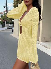 Women's New Hollow Out Sexy Beach Vacation Casual Daily Dress, Flared Sleeve Short Knit Sweater Dress, Spring/Summer/Autumn - Yellow 2 - View 2