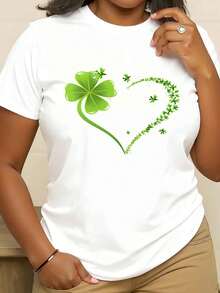 Plus Size Women T Shirt Green Clover Heart Print St Patrick Day Casual Comfortable T Shirt 220g - 白色 - 查看 1