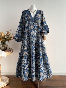 Đầm dáng rộng phong cách Bohemian cổ điển, phối ren hoa tương phản, cỡ lớn, kiểu dáng thường ngày, thích hợp cho kỳ nghỉ, du lịch mùa xuân. - Màu xanh lam - Xem 8