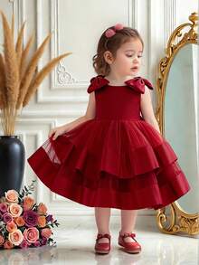 Baby Girls Sleeveless Backless Bow Mesh Satin Elegant Flower Girl Dress For Wedding, Party, Birthday, No Headband - Burgundy - View 2