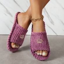 女士家居拖鞋，皇冠仙女图案面料，时尚休闲室内鞋，秋冬款 - 紫色 - 查看 4